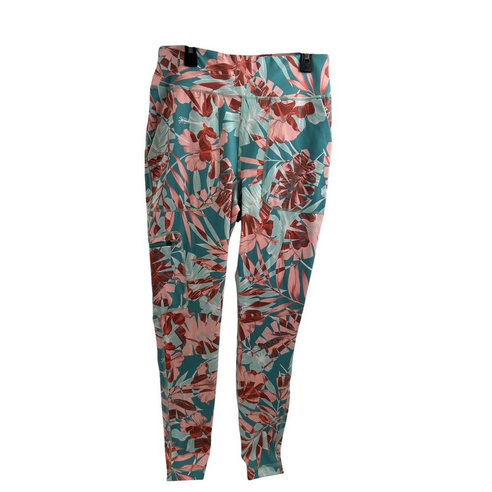 Unbranded Tropical Floral Cargo Leggings Size M Teal Pink Hibiscus Womens